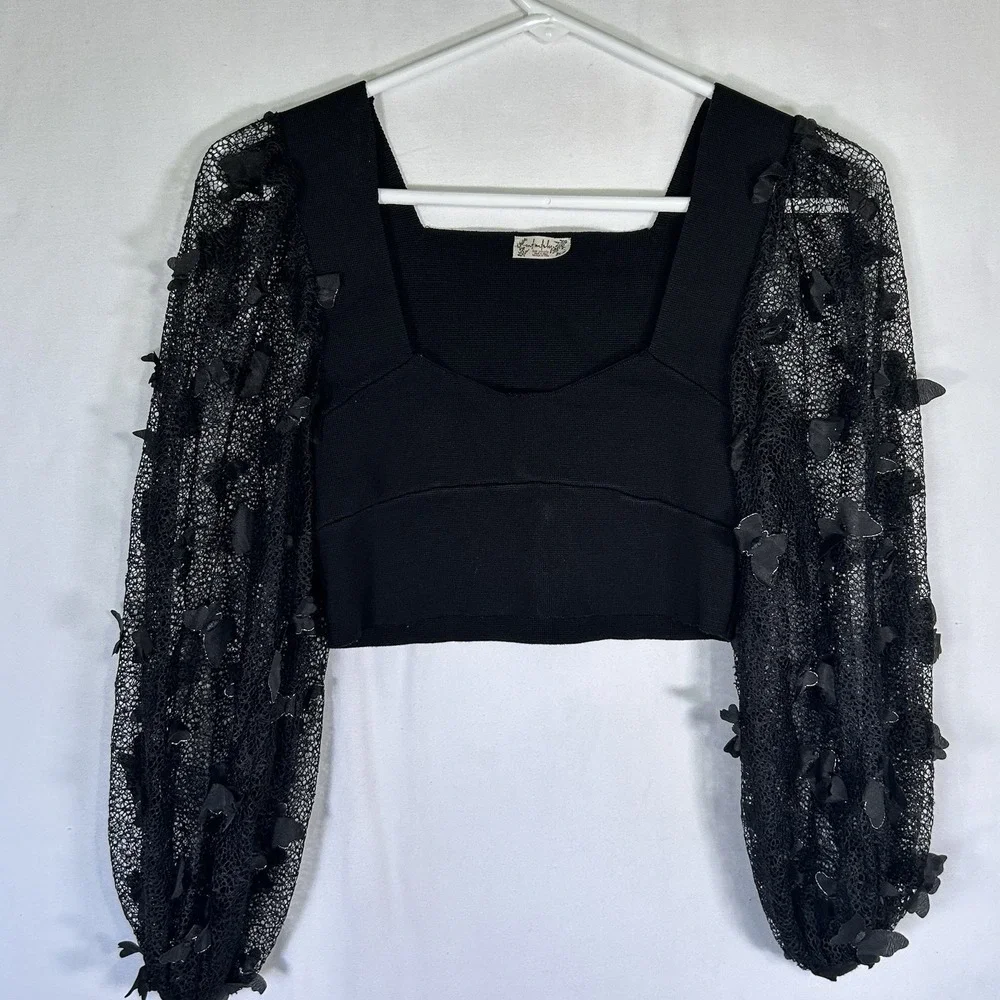 Intimately Free People Flutter Crop Top 3D Butterfly Black Sleeve Blouse Sz S